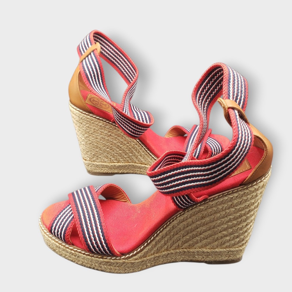 Tory Burch Adonis Red White Blue Espadrille Wedge Sandals Size 10B Made in Spain